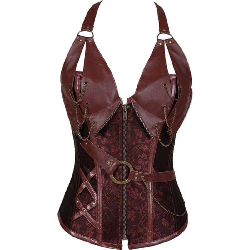 Punk Vegan Leather Corset With Belt Halter Shape Body - Pleasures and Sins   Pleasures and Sins