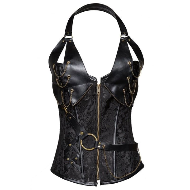 Punk Vegan Leather Corset With Belt Halter Shape Body - Pleasures and Sins   Pleasures and Sins