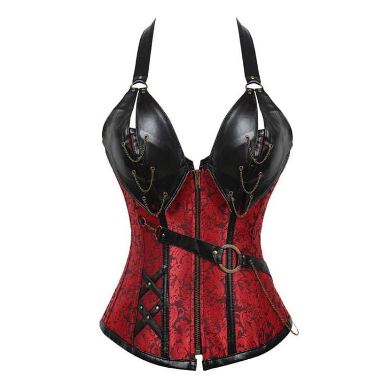 Punk Vegan Leather Corset With Belt Halter Shape Body - Pleasures and Sins   Pleasures and Sins