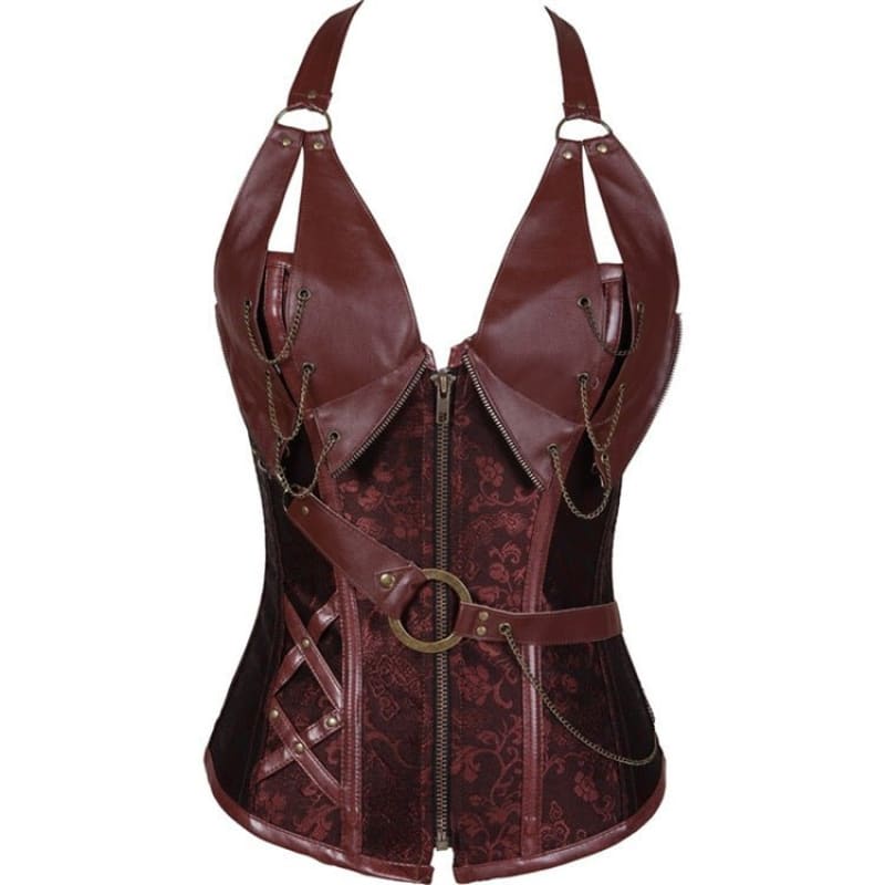 Burgundy leather and lace steampunk-style corset with zipper front and decorative straps.