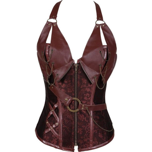 Burgundy leather and lace steampunk-style corset with zipper front and decorative straps.