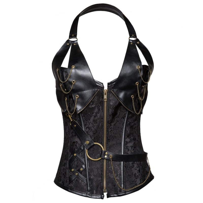 Black leather and brocade steampunk-style corset with zipper front and decorative buckles.