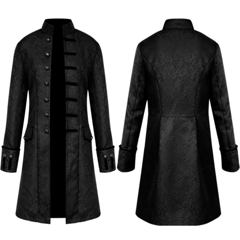 Long black coat with a high collar, buttons down the front, and decorative trim details.