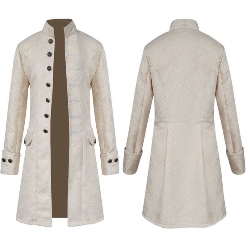 Long cream-colored coat with a high collar and decorative buttons down the front.