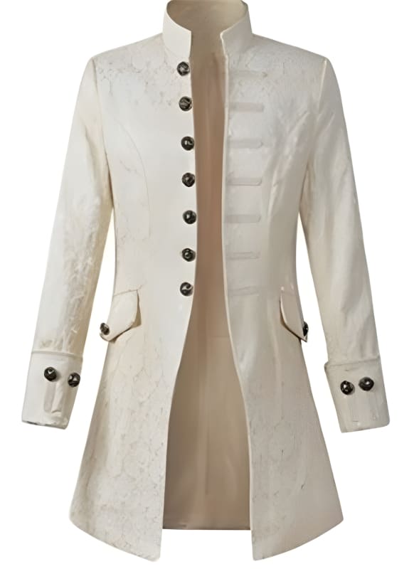 White long coat with a stand-up collar and decorative buttons.