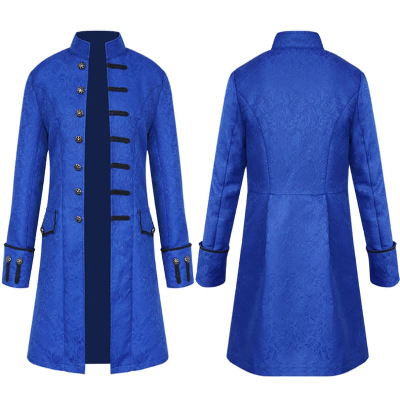 Bright blue long coat with decorative buttons and trim in a historical or costume style.