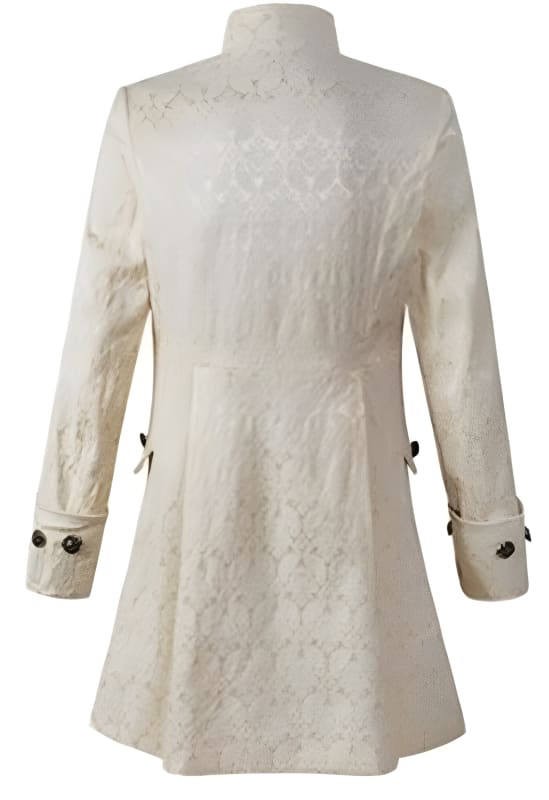 White tailored coat with decorative buttons on the cuffs.