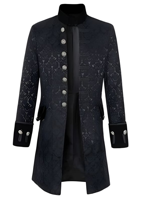 Gothic-style long coat with ornate buttons and embroidered patterns.