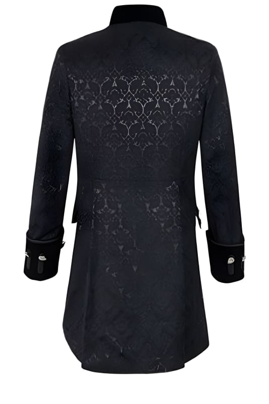 Black gothic-style coat with intricate lace pattern on the back.