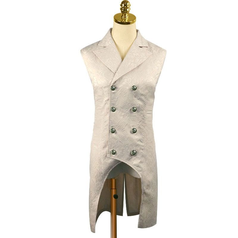 Double-breasted white waistcoat with tails and silver buttons.