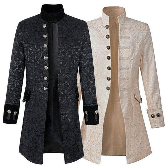 Two ornate Victorian-style coats with high collars and decorative buttons, one in black and one in cream.