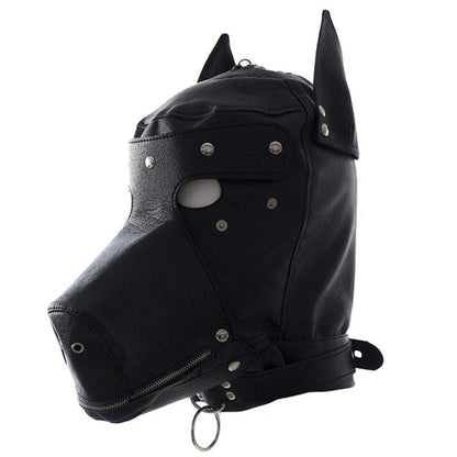 Black leather dog-shaped mask or hood with pointed ears and metal studs.