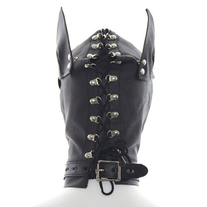 Black leather bondage mask with pointed ears and metal studs.