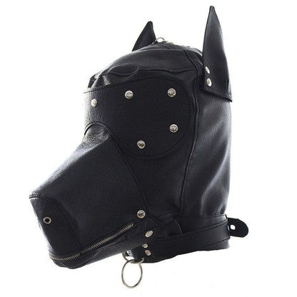 Black leather dog-shaped bondage mask with studs and zippers.