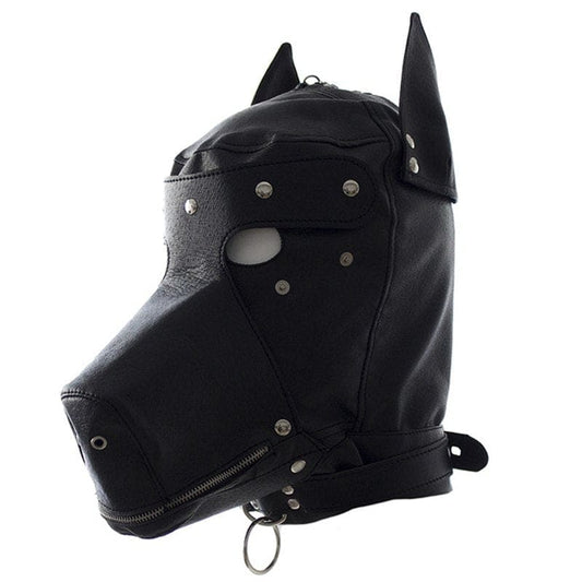 Black leather dog-shaped bondage mask with pointed ears and metal studs.