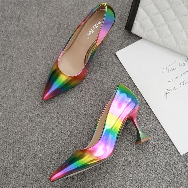Rainbow Coloured Pointed Toe Thin Heel Shoes
