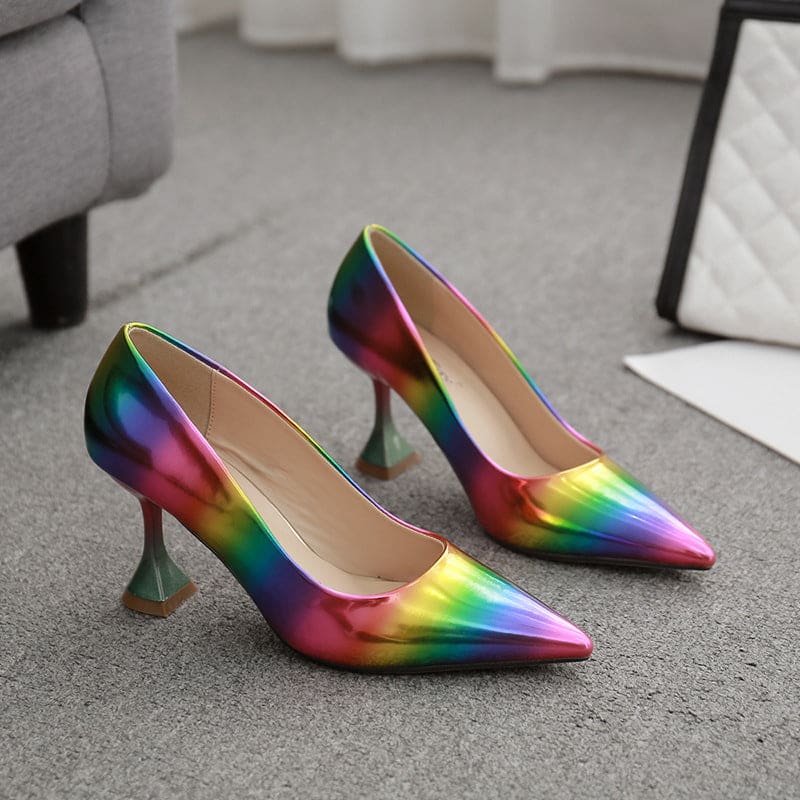 Rainbow Coloured Pointed Toe Thin Heel Shoes