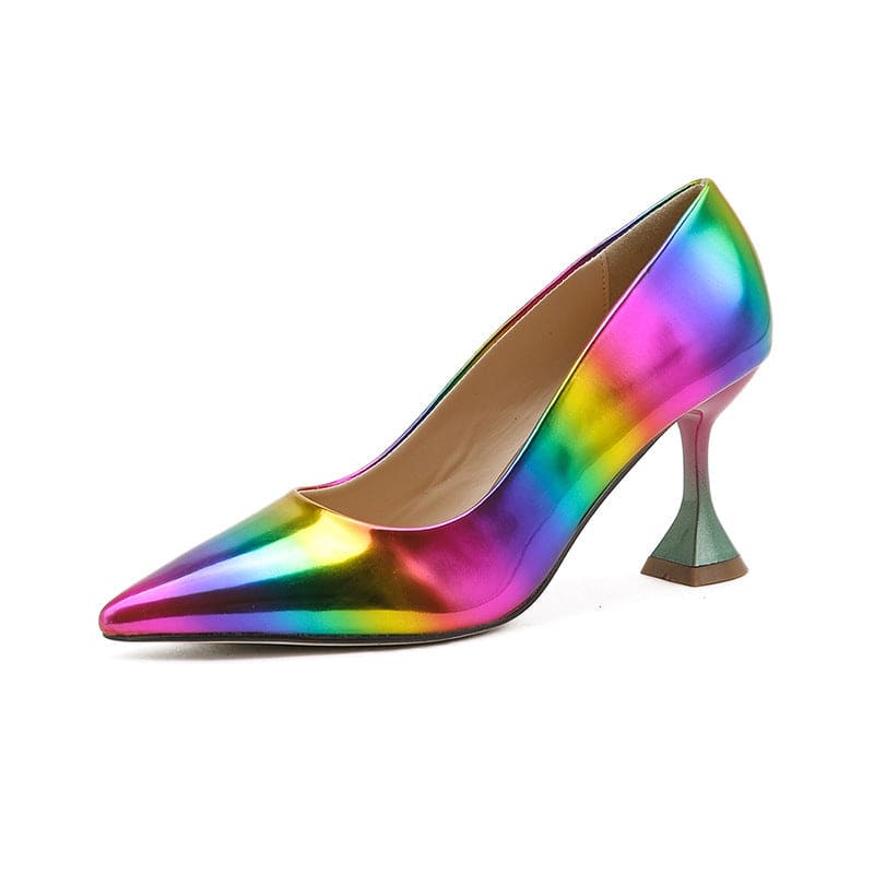 Rainbow Coloured Pointed Toe Thin Heel Shoes - Colour / 35
