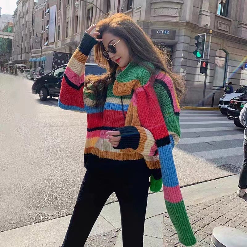 Colorful striped oversized sweater with long sleeves.