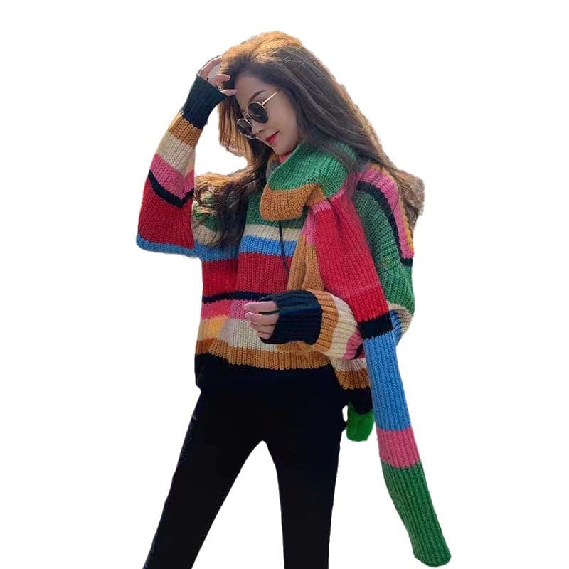 Colorful striped knit sweater with an oversized, chunky design.