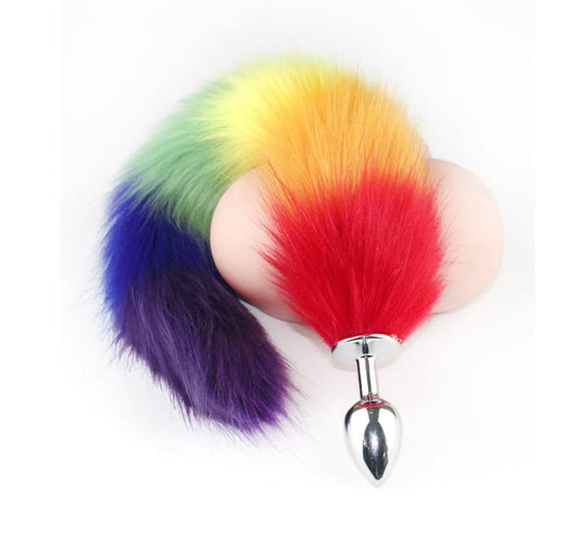 Rainbow Pride Faux Fox Tail Butt Plug - Metal - Sex Toy