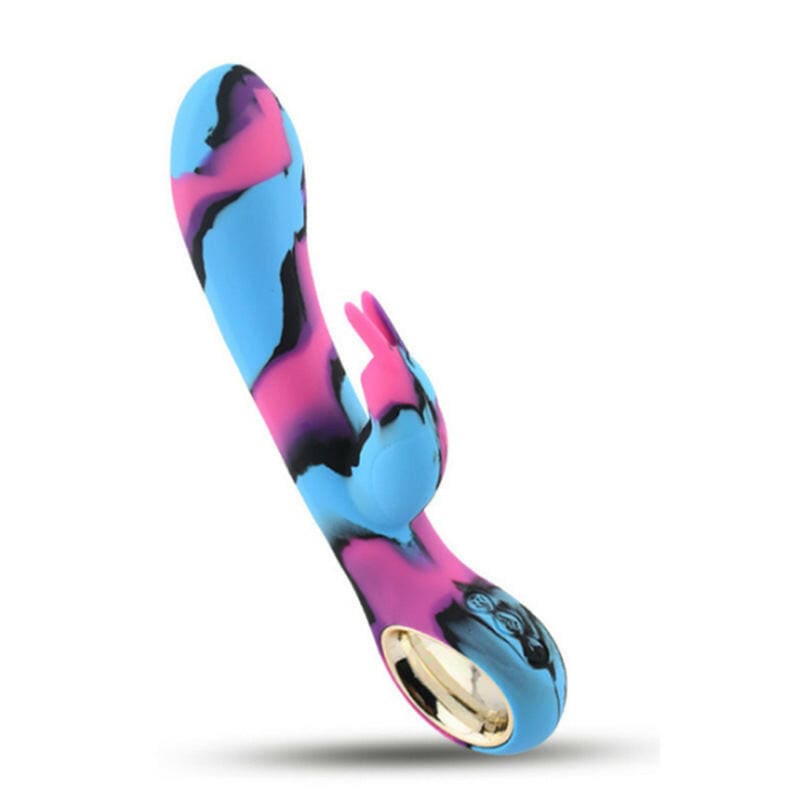 Colorful vibrator with swirled blue, pink, and black pattern.