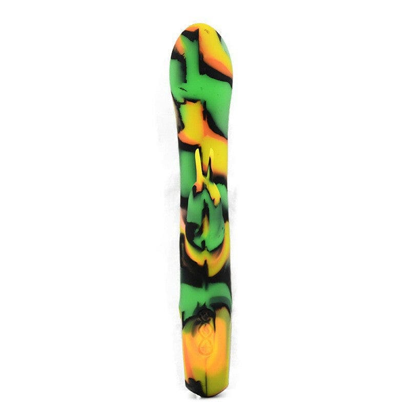 Colorful silicone vibrator with abstract green, yellow, and black patterns.