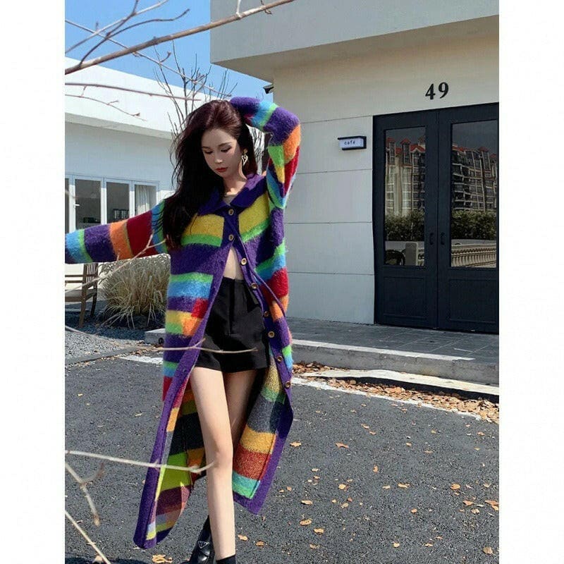 Rainbow Striped Sweater Coat for Women Autumn Winter