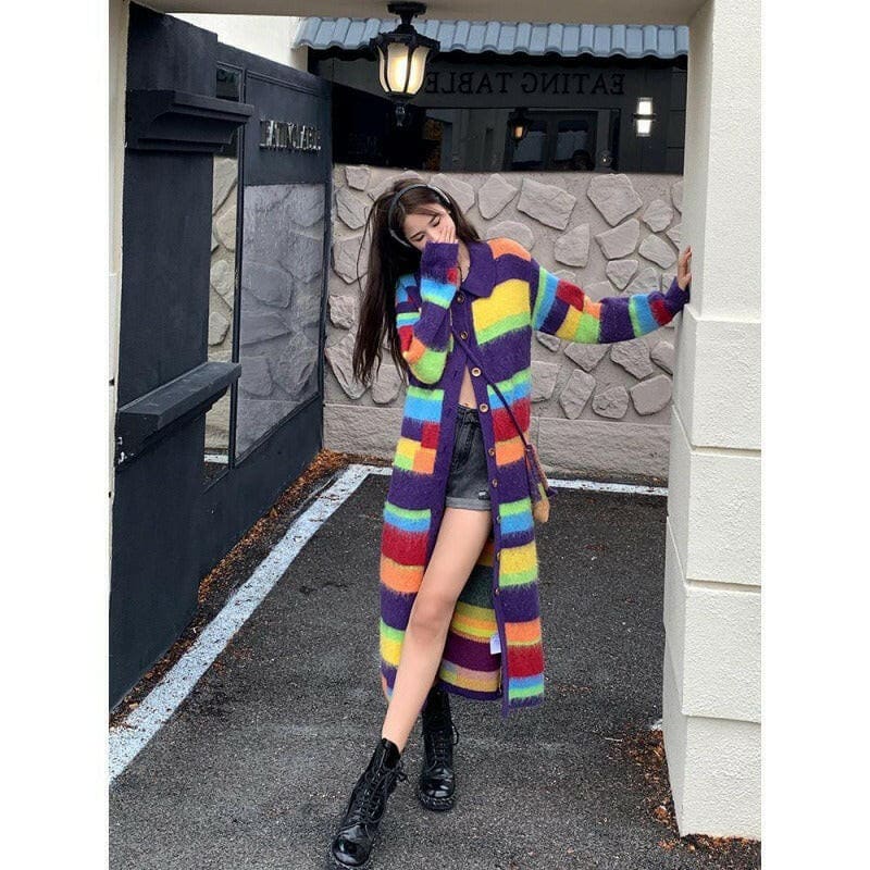 Rainbow Striped Sweater Coat for Women Autumn Winter