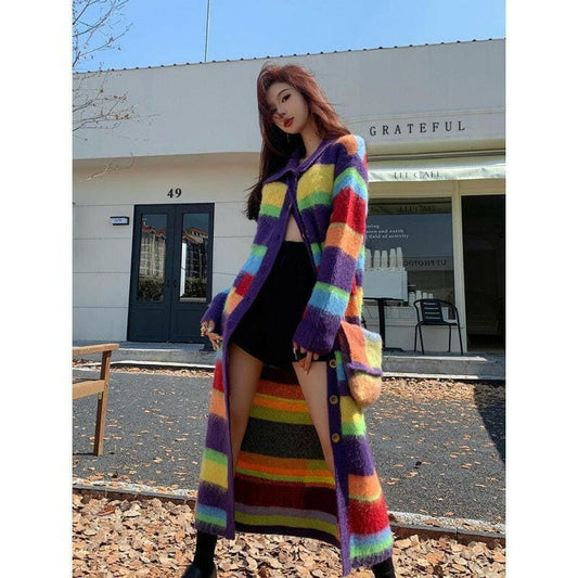 Rainbow Striped Sweater Coat for Women Autumn Winter