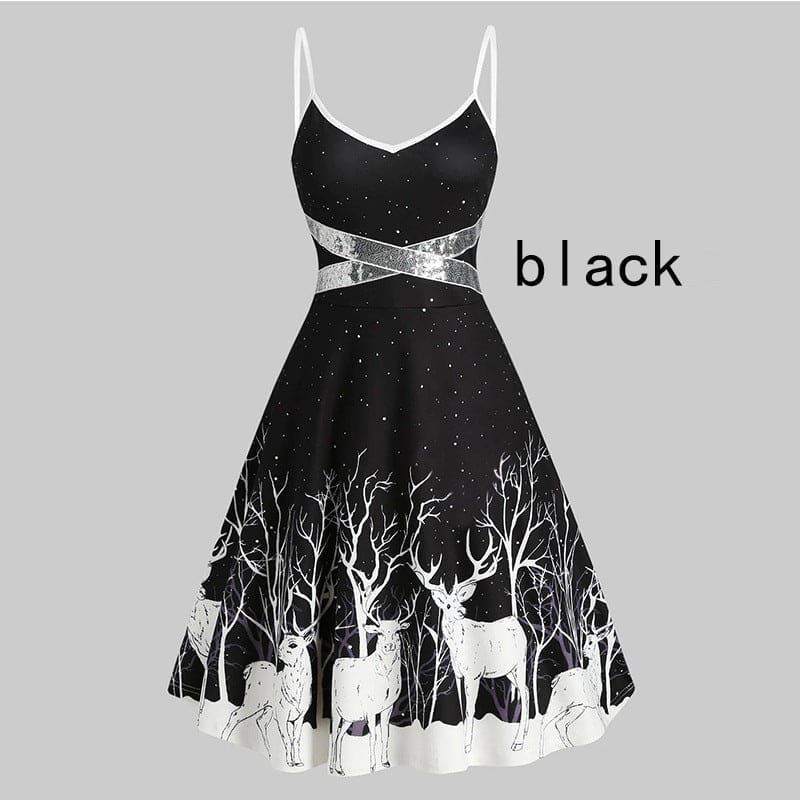 Black sleeveless dress with a white deer and forest silhouette pattern on the skirt.