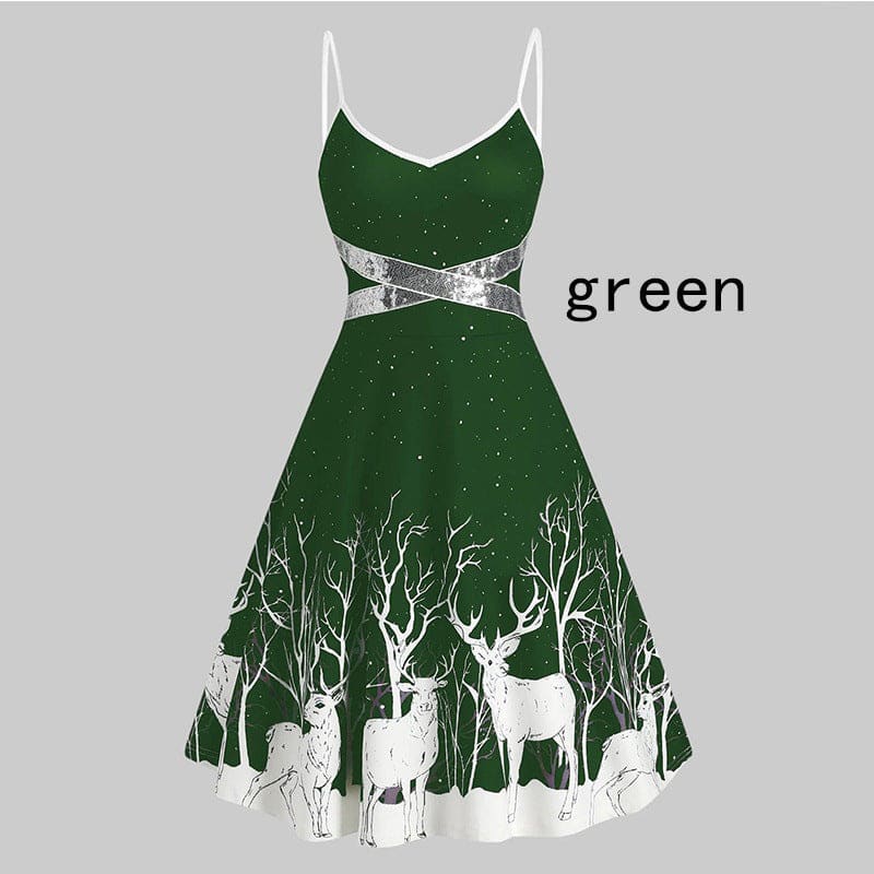 Green dress with a forest and deer pattern on the skirt.