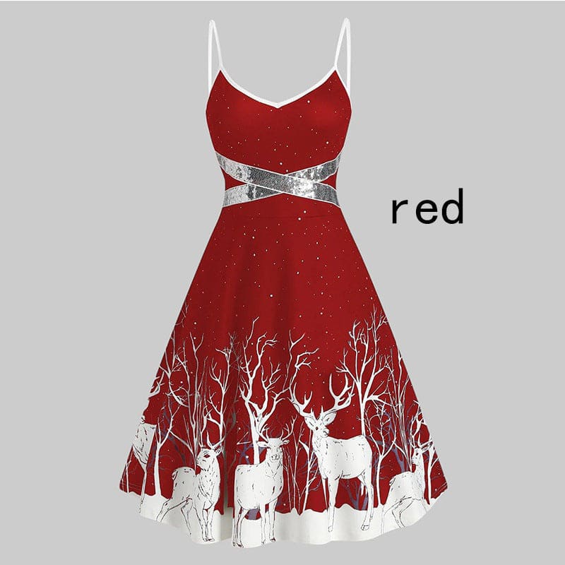 Red dress with white deer and tree silhouettes on the skirt and a silver waistband.