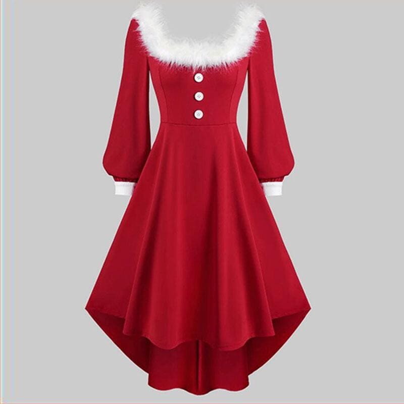 Red Christmas-themed dress with white fur trim and decorative buttons.