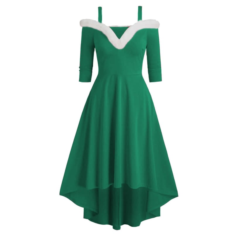 Green off-shoulder dress with white trim and high-low hemline.