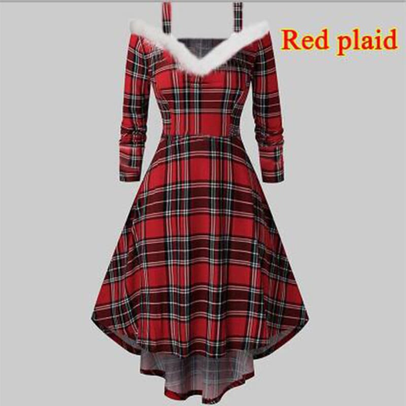 Red plaid dress with white fur trim around the neckline and three-quarter length sleeves.