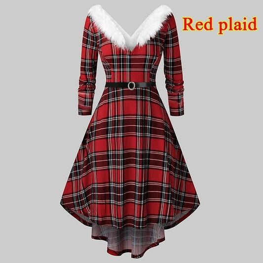 Red plaid dress with white fur trim and a belted waist.