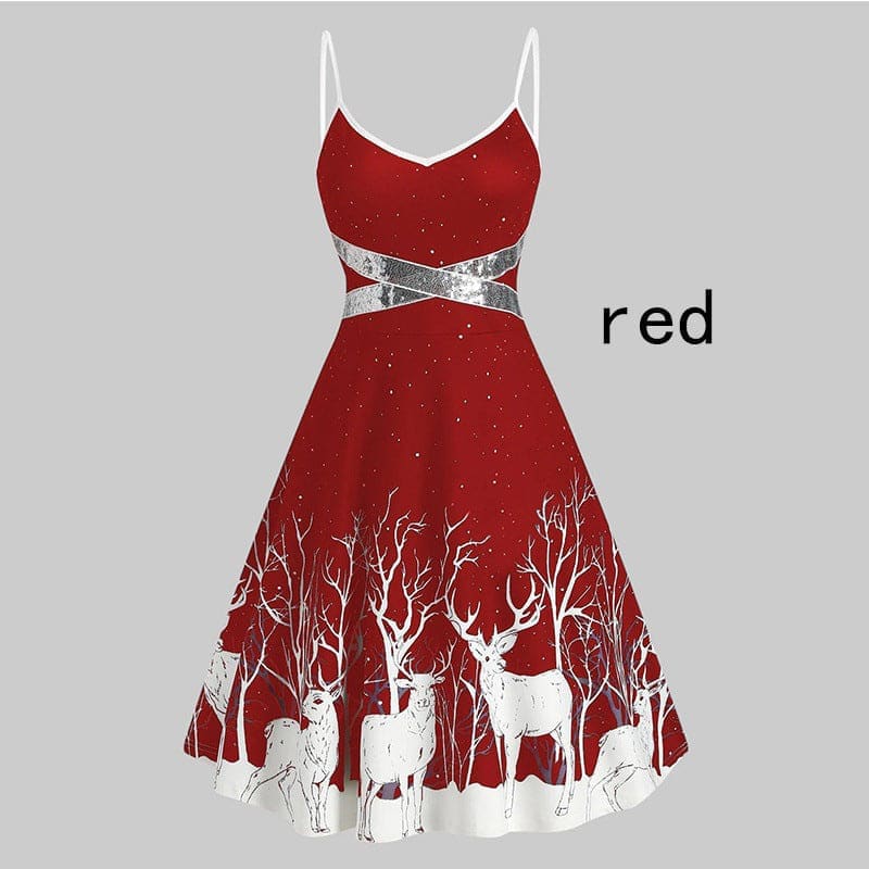 Red dress with white deer and tree silhouettes on the skirt.