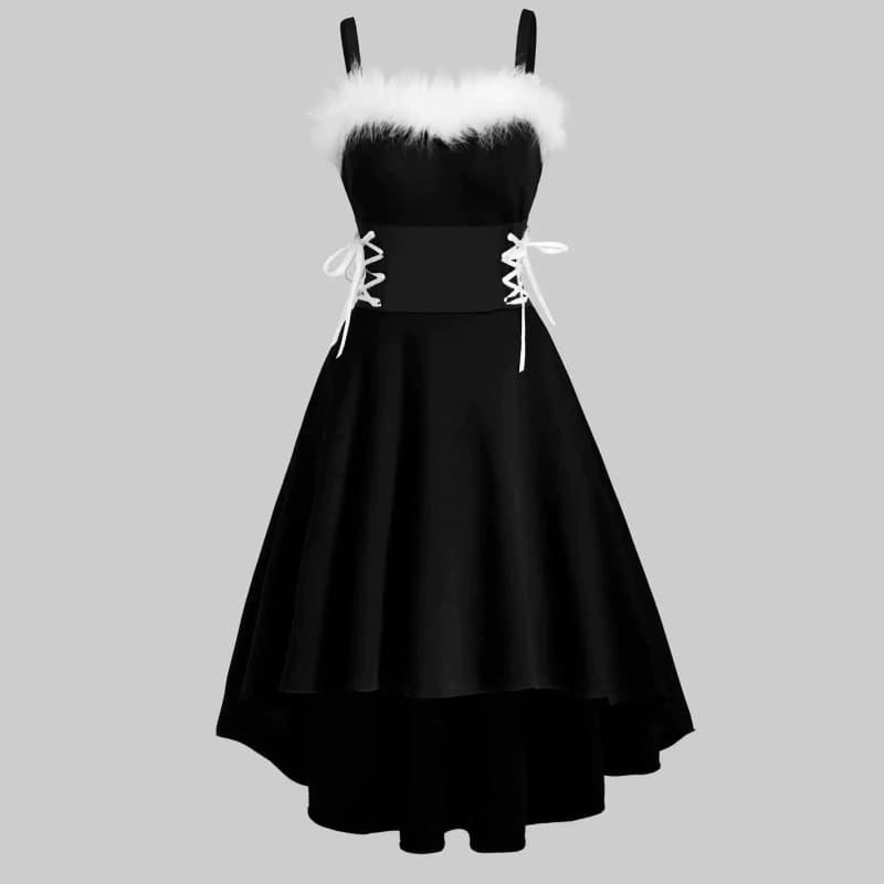 Black sleeveless dress with white fur trim and lace-up side details.