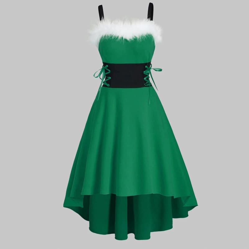 Green sleeveless dress with white fur trim and black corset-style waist.