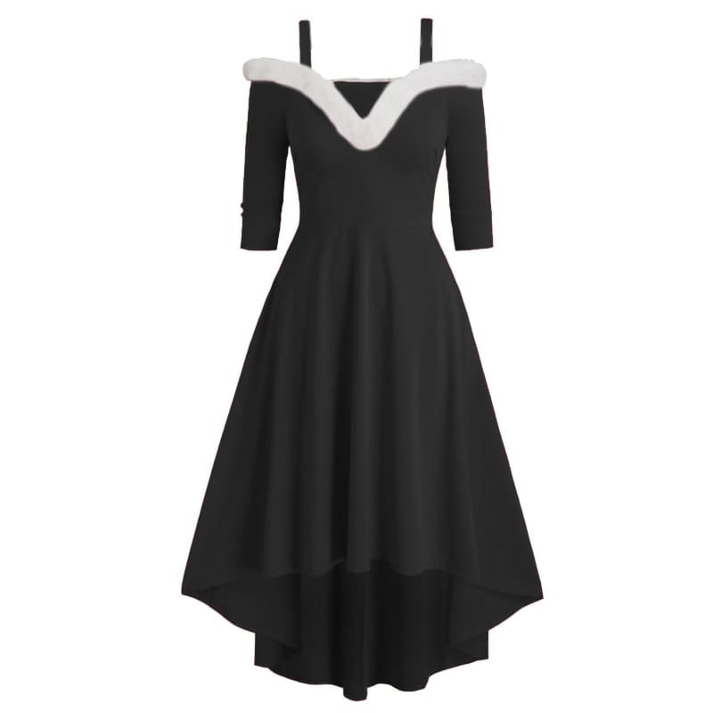 Black off-shoulder dress with white trim and high-low hemline.