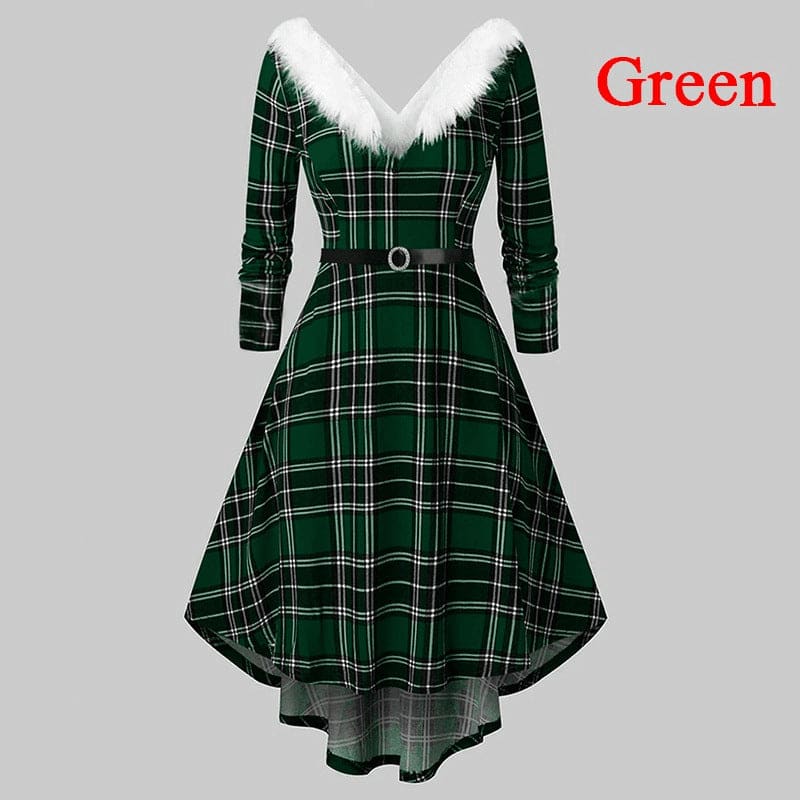 Green plaid dress with white fur trim and a belted waist.