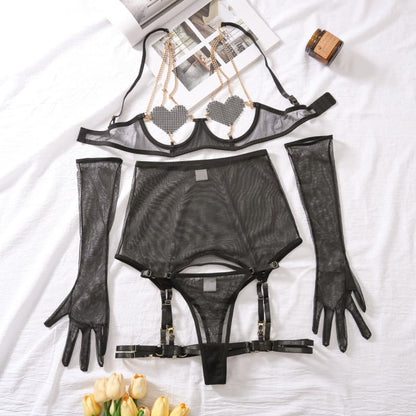 Black and white lingerie set including a bra, panties, garter belt, and long gloves.