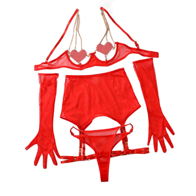 Red lingerie set including a bra, panties, garter belt, and long gloves.