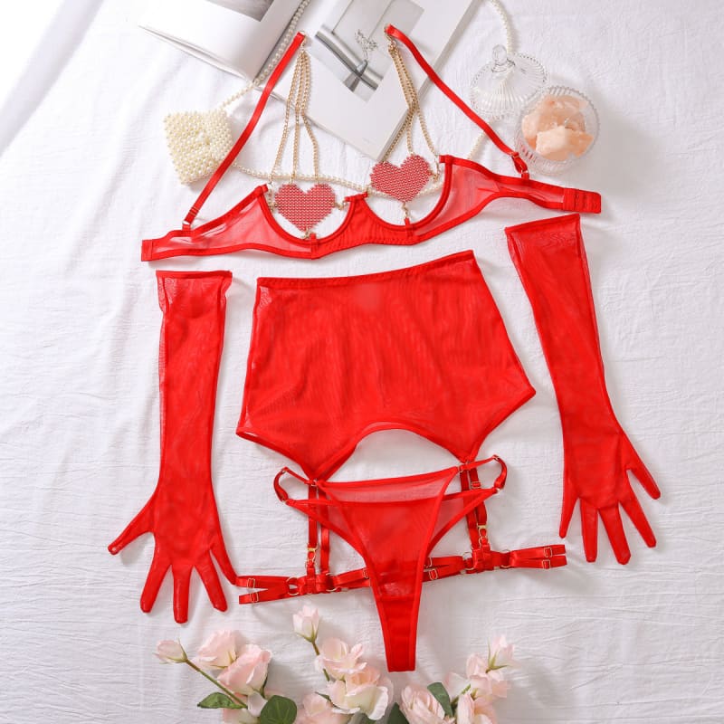 Red lingerie set including a bra, panties, gloves, and garter belt.