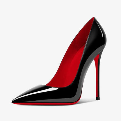 Black patent leather stiletto heel with a red sole and interior.