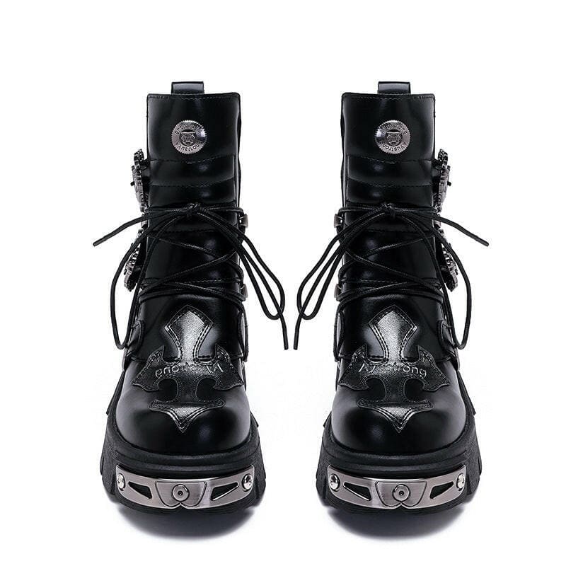 Pair of black leather combat boots with chunky metallic soles and lace-up fronts.