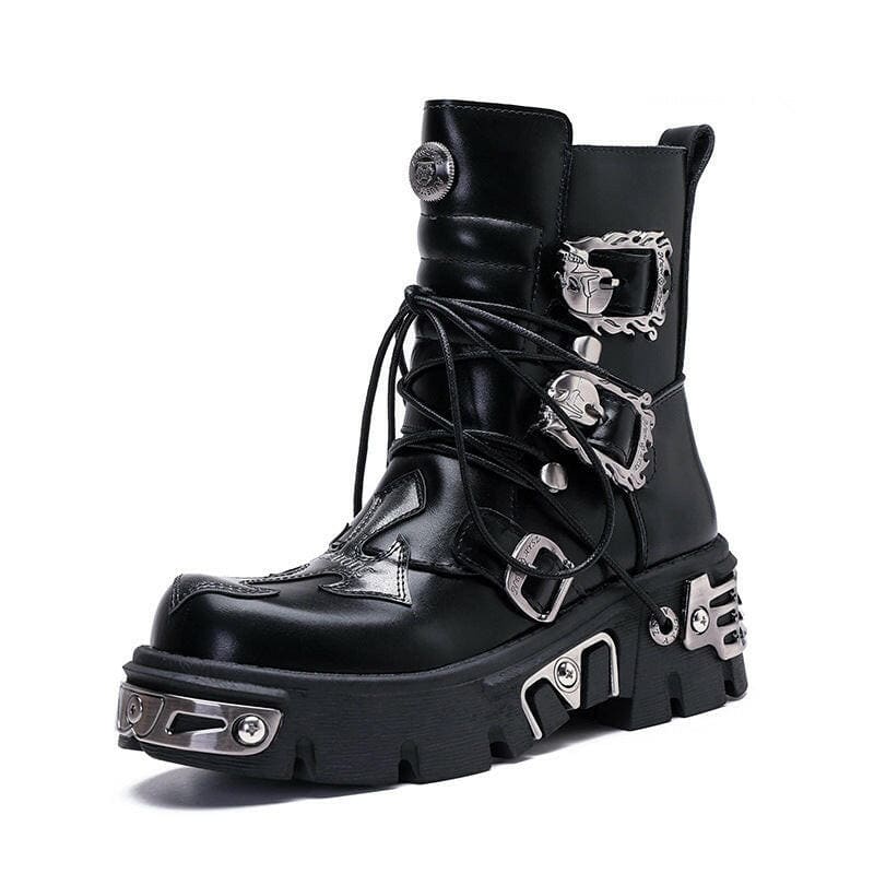 Black leather platform boot with multiple buckles and metallic accents.