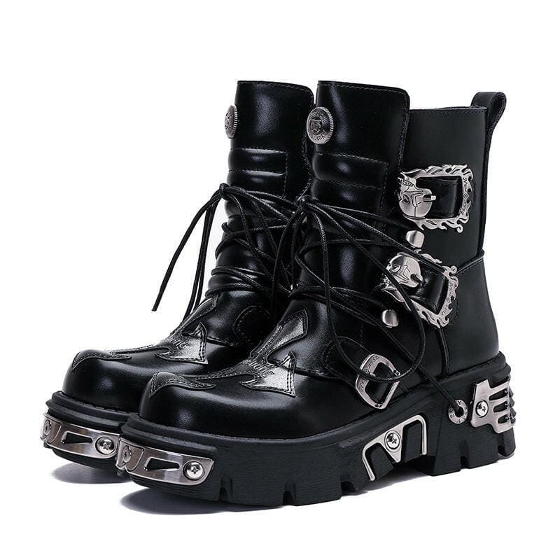 Black leather platform boots with metallic buckles and a chunky sole.