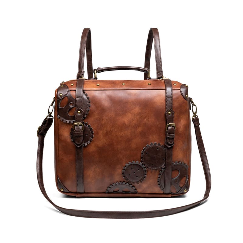 Vintage-style leather backpack with steampunk gear decorations and multiple carrying options.